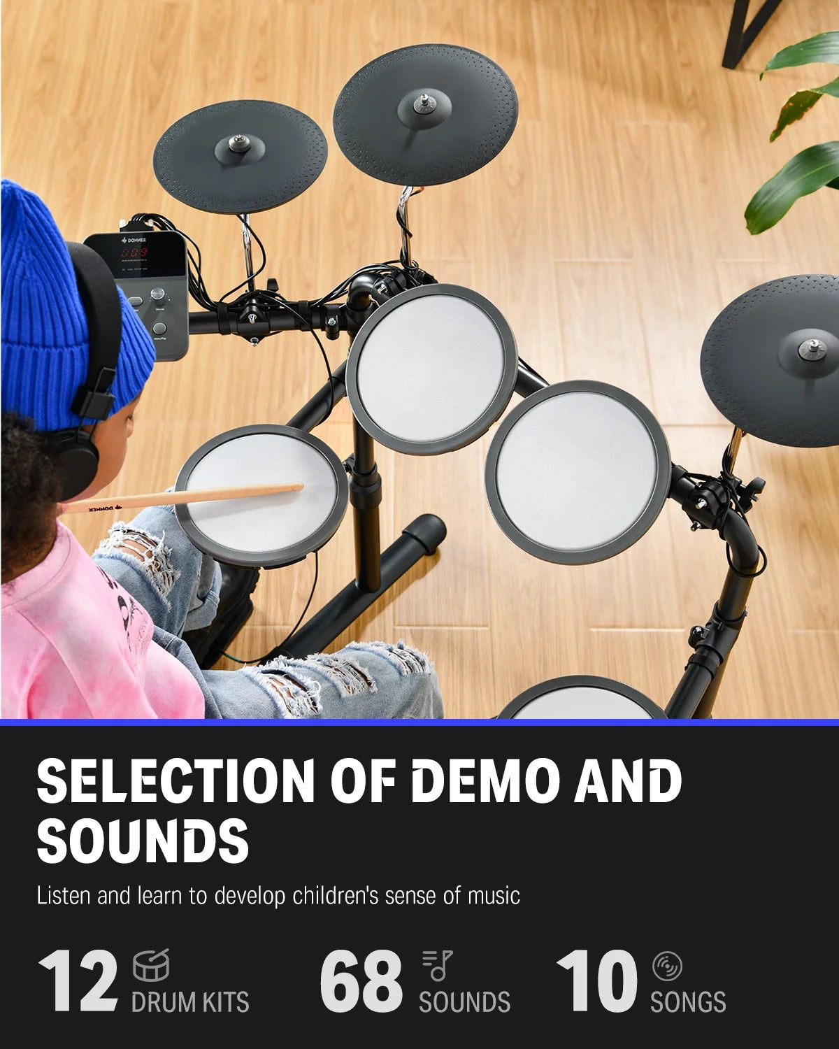 Electric Drum Set for Kids Beginner Christmas Birthday Gift, 68+ Sounds, Quiet Mesh Pad, with Portable Type-C Charger